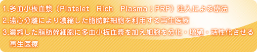 1.多血小板血漿（Platelet　Rich　Plasma；PRP）注入による療法/2.遠心分離により濃縮した脂肪幹細胞を利用する再生医療/3.濃縮した脂肪幹細胞に多血小板血漿を加え細胞を分化・増殖・活性化させる再生医療